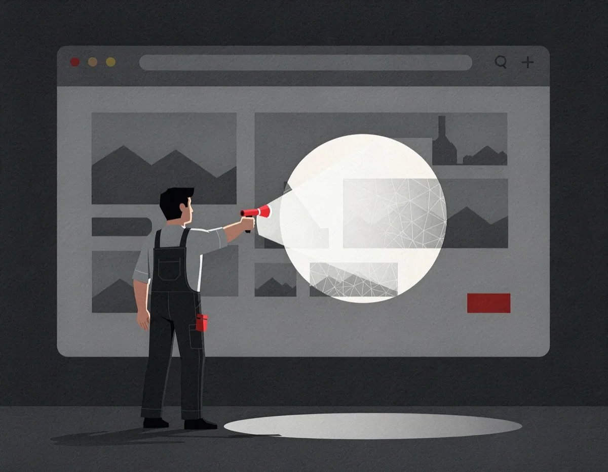 Illustration: en ficklampa lyser upp en del av en hemsida